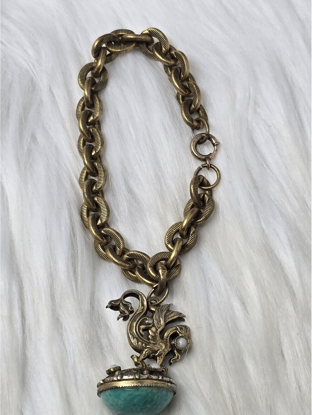 Vintage Dragon Griffin Fob Bracelet Green Glass Pearl Brass